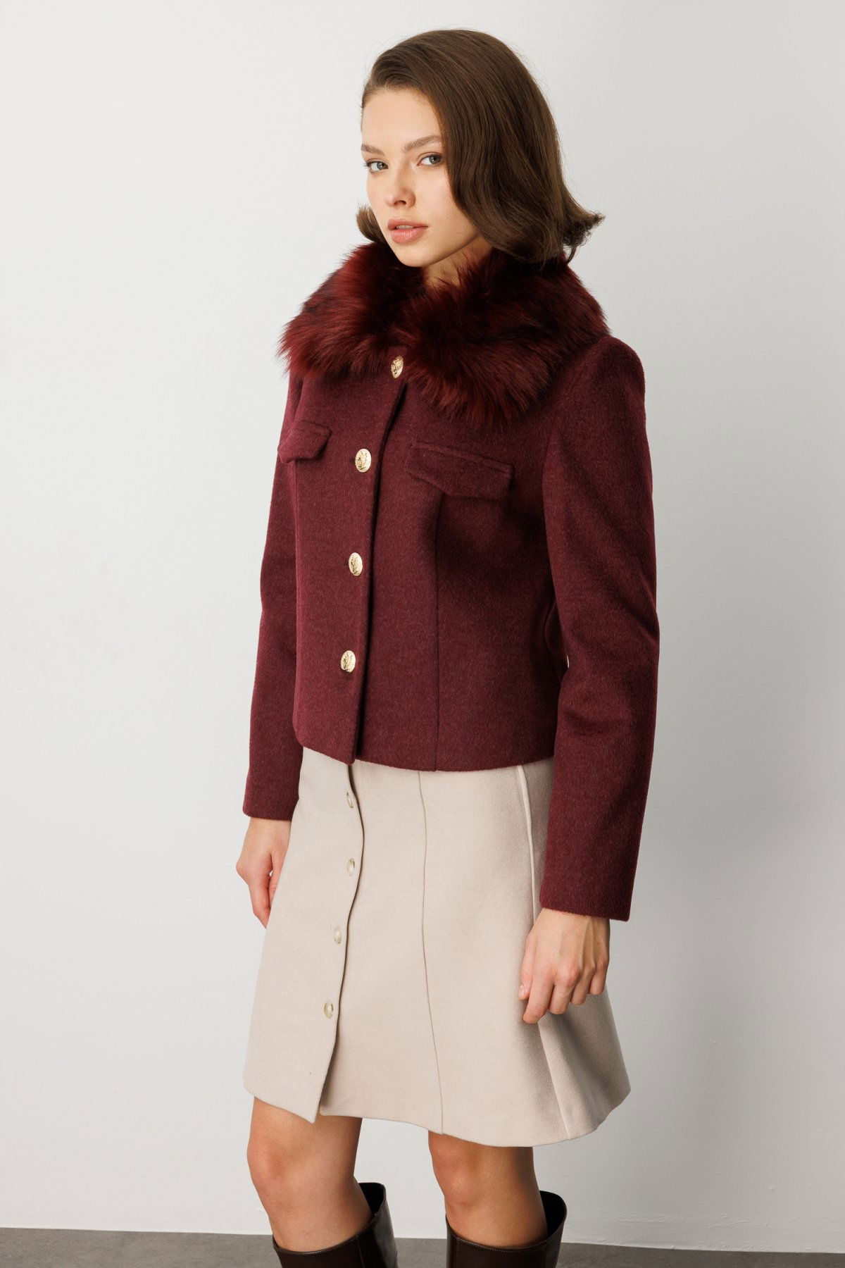 Ekol Kadın Yakası Kürklü Kısa Mont 6121 Bordo - 2