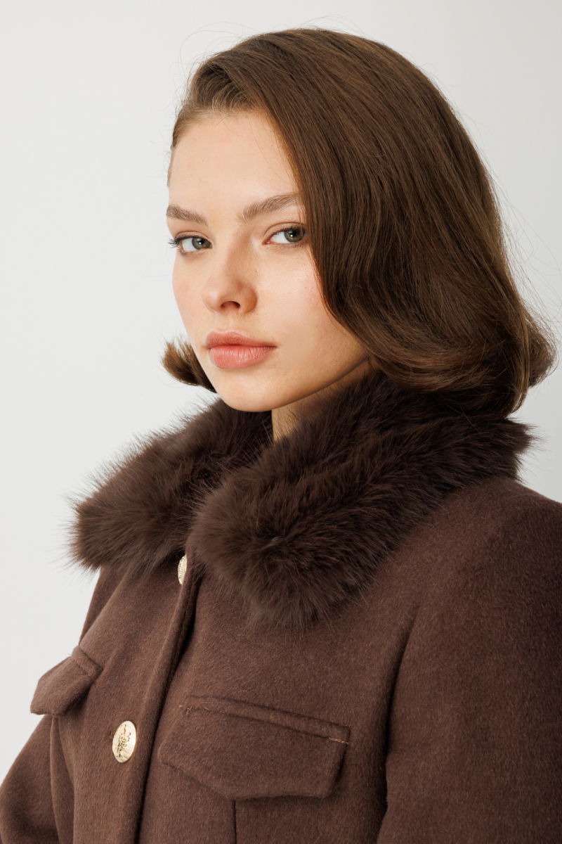 Ekol Kadın Yakası Kürklü Kısa Mont 6121 Kahverengi - 3