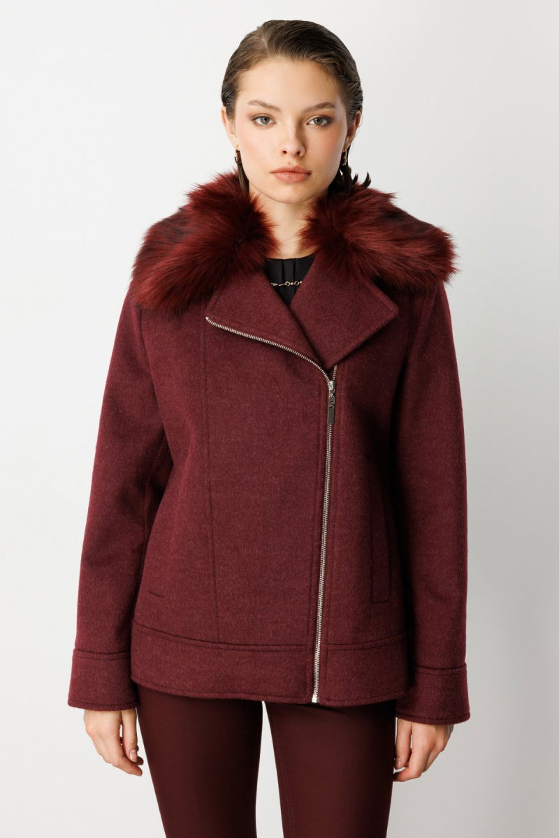 Ekol Kadın Yakası Kürklü Kruvaze Mont 6085 Bordo - Ekol