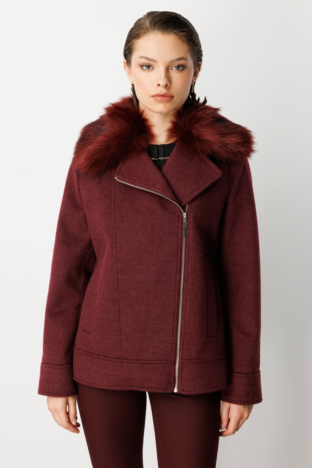 Ekol Kadın Yakası Kürklü Kruvaze Mont 6085 Bordo - 1
