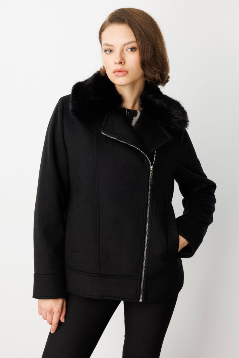 Ekol Kadın Yakası Kürklü Kruvaze Mont 6085 Siyah - 2