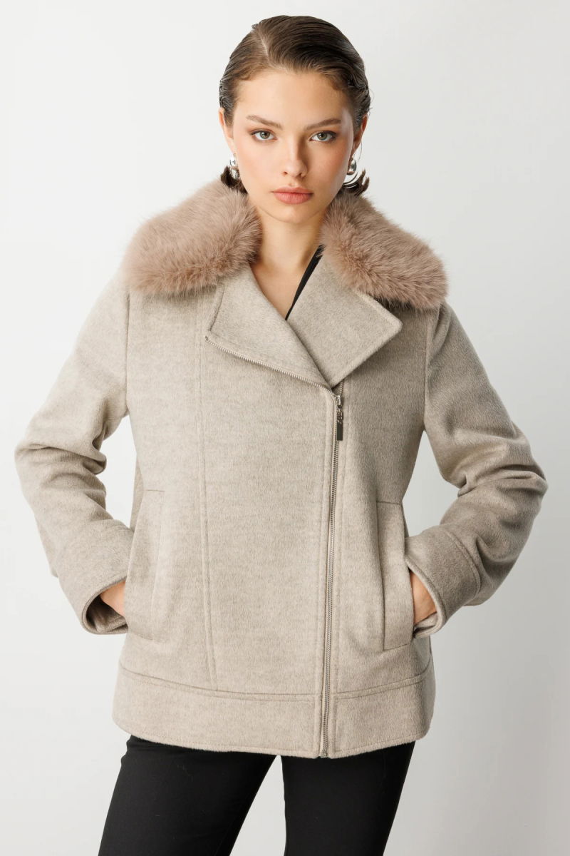 Ekol Kadın Yakası Kürklü Kruvaze Mont 6085 Vizon - Ekol