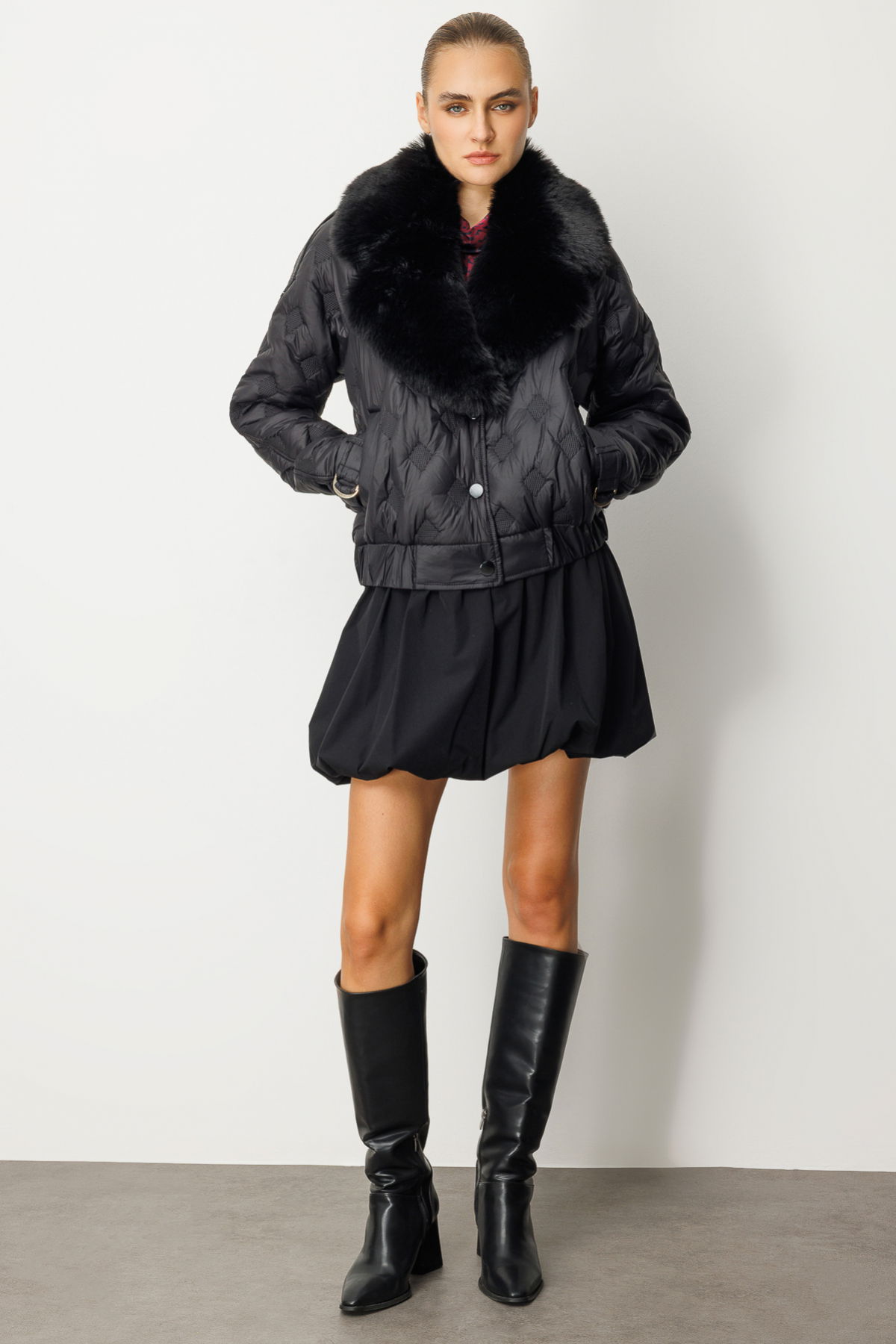 Ekol Kadın Yakası Kürklü Şişme Mont 6607 Siyah - 1