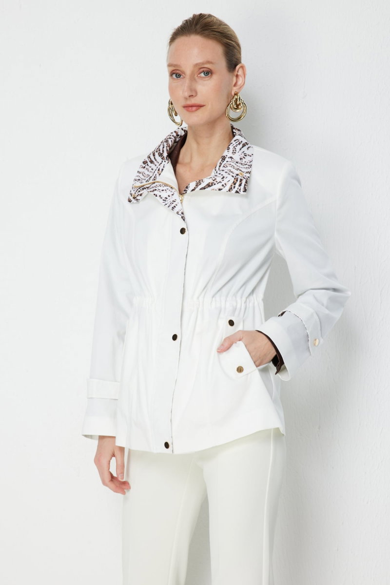 Ekol Kadın Yakası Leopar Desenli Apoletli Trenç 7044 Ekru - 2