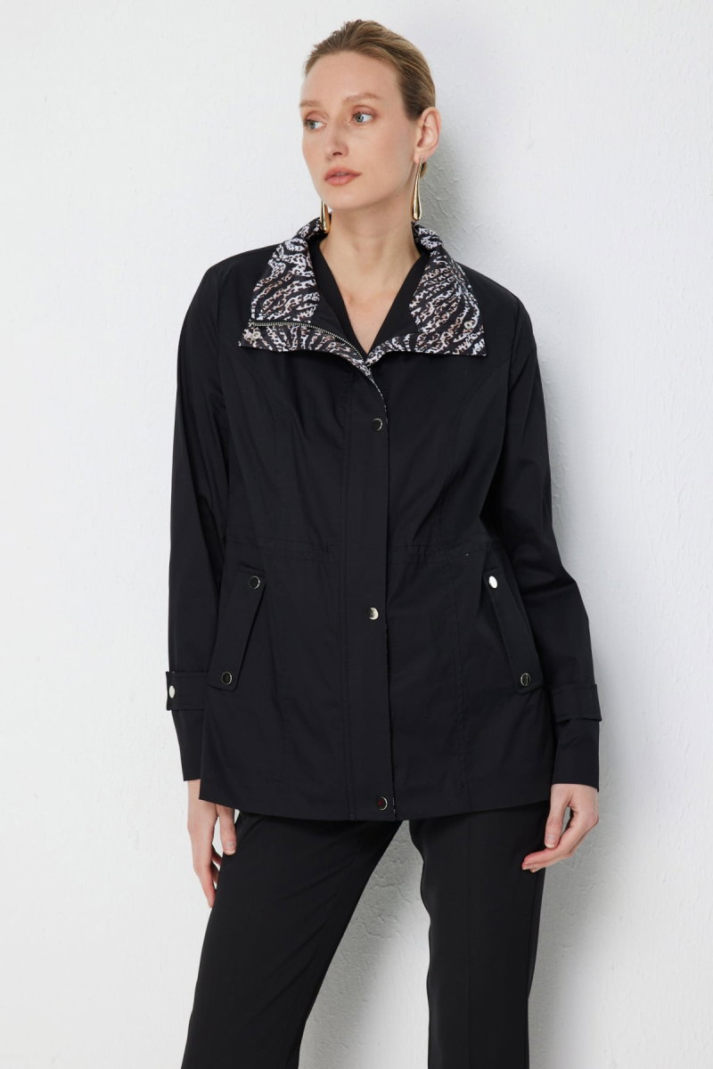 Ekol Kadın Yakası Leopar Desenli Apoletli Trenç 7044 Siyah - Ekol