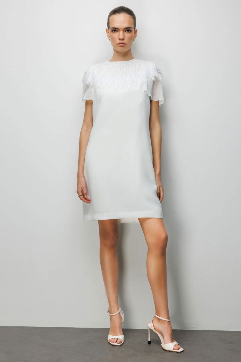 Ekol Kadın Yakası Taş İşlemeli Diz Üstü Elbise 6002 Ekru - Ekol