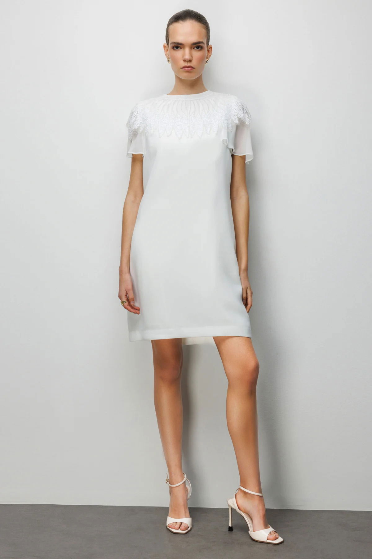 Ekol Kadın Yakası Taş İşlemeli Diz Üstü Elbise 6002 Ekru - 1