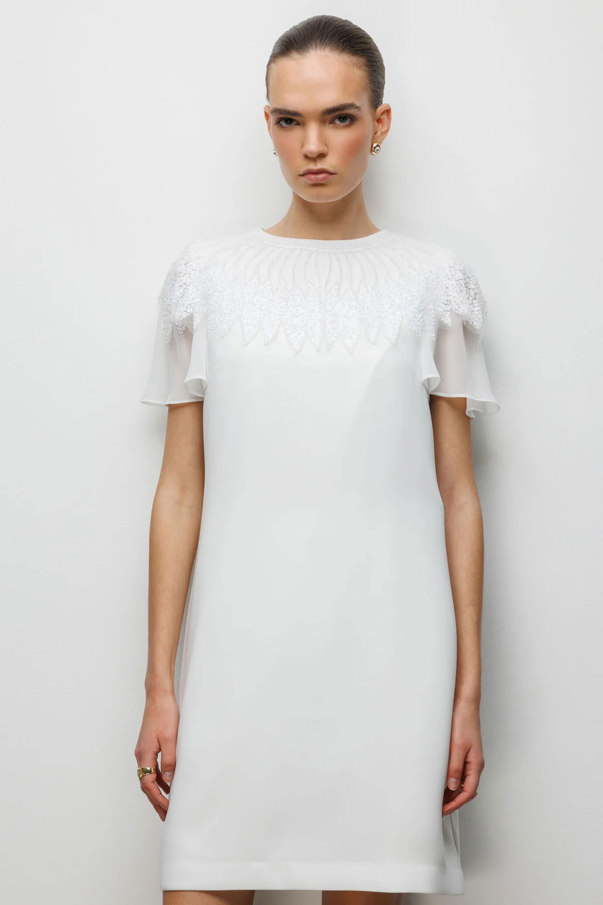 Ekol Kadın Yakası Taş İşlemeli Diz Üstü Elbise 6002 Ekru - 2