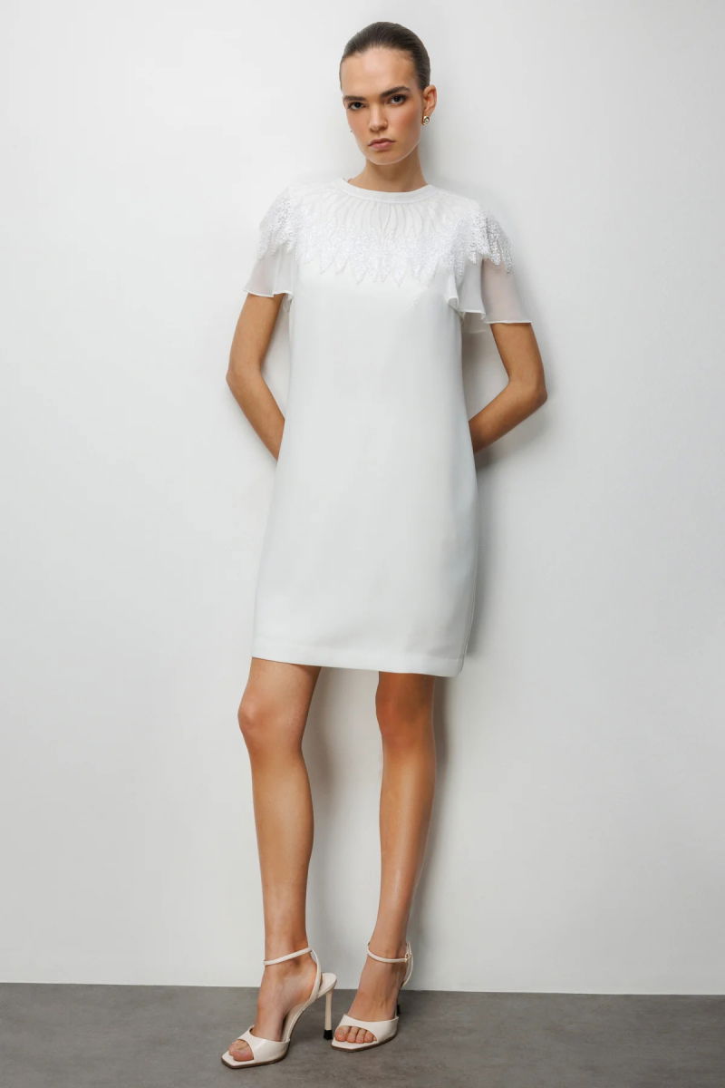 Ekol Kadın Yakası Taş İşlemeli Diz Üstü Elbise 6002 Ekru - 3