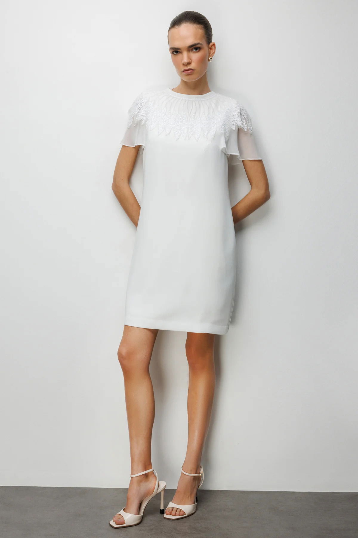 Ekol Kadın Yakası Taş İşlemeli Diz Üstü Elbise 6002 Ekru - 3