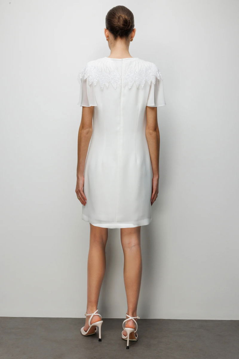 Ekol Kadın Yakası Taş İşlemeli Diz Üstü Elbise 6002 Ekru - 4