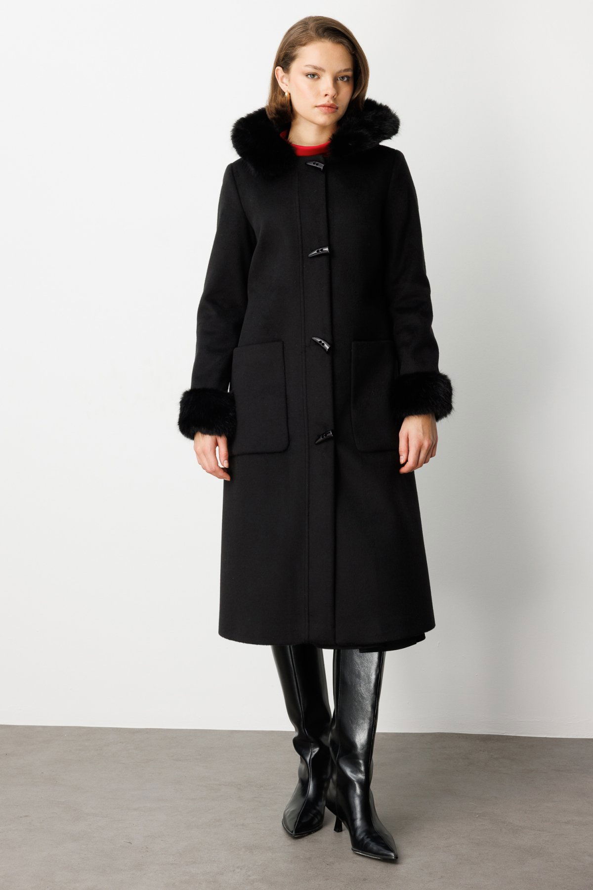 Ekol Kadın Yakası Ve Kolları Kürklü Kaşe Kaban 6055 Siyah - 1