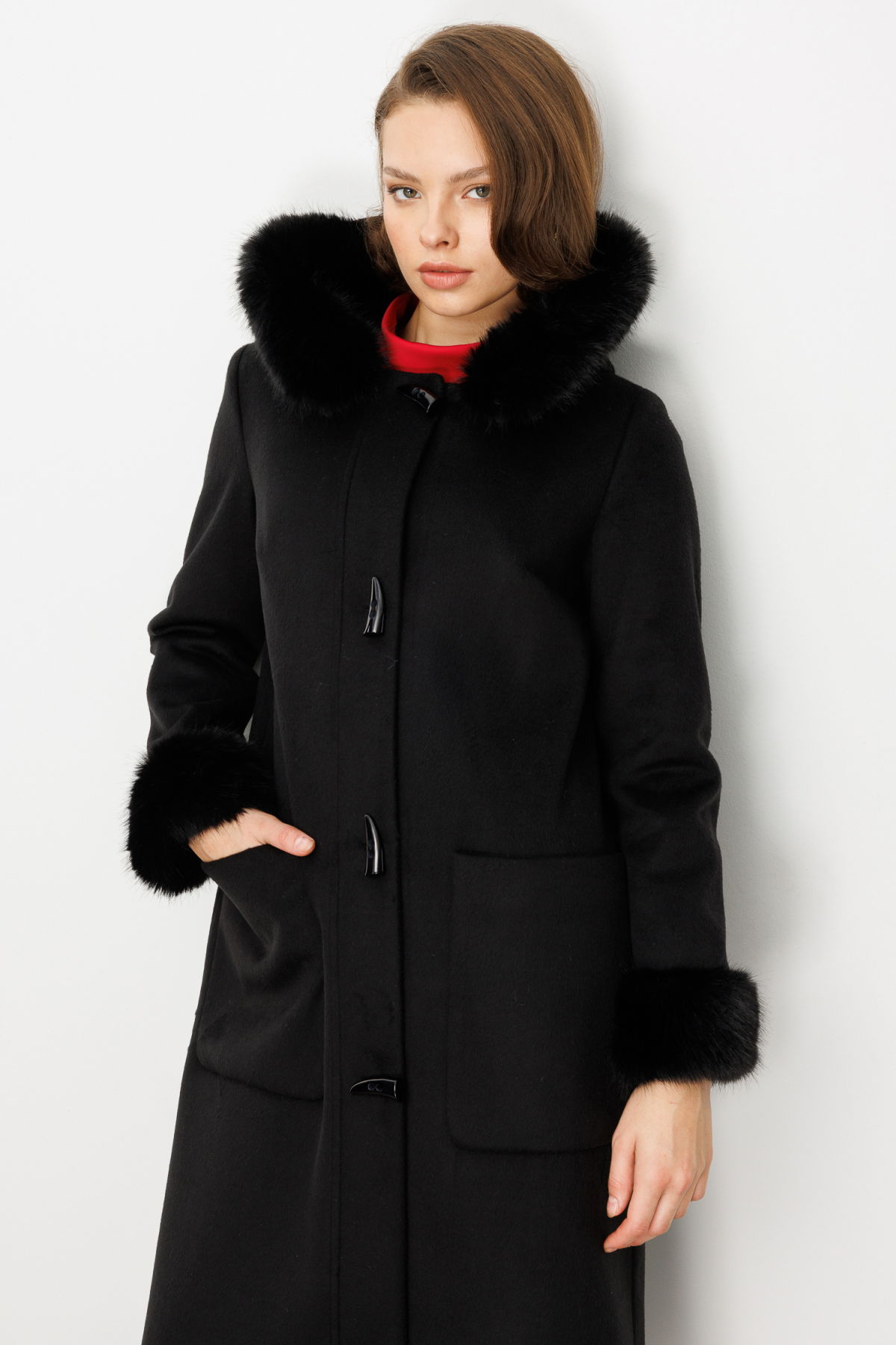 Ekol Kadın Yakası Ve Kolları Kürklü Kaşe Kaban 6055 Siyah - 3