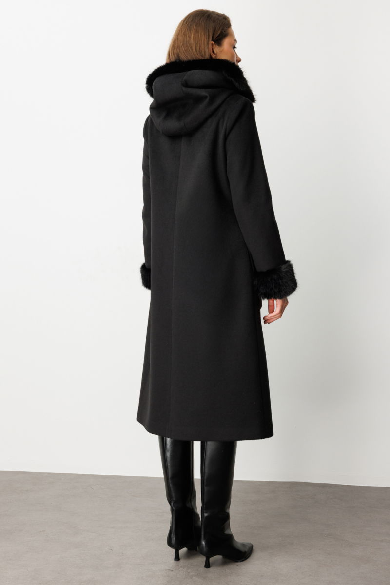 Ekol Kadın Yakası Ve Kolları Kürklü Kaşe Kaban 6055 Siyah - 4