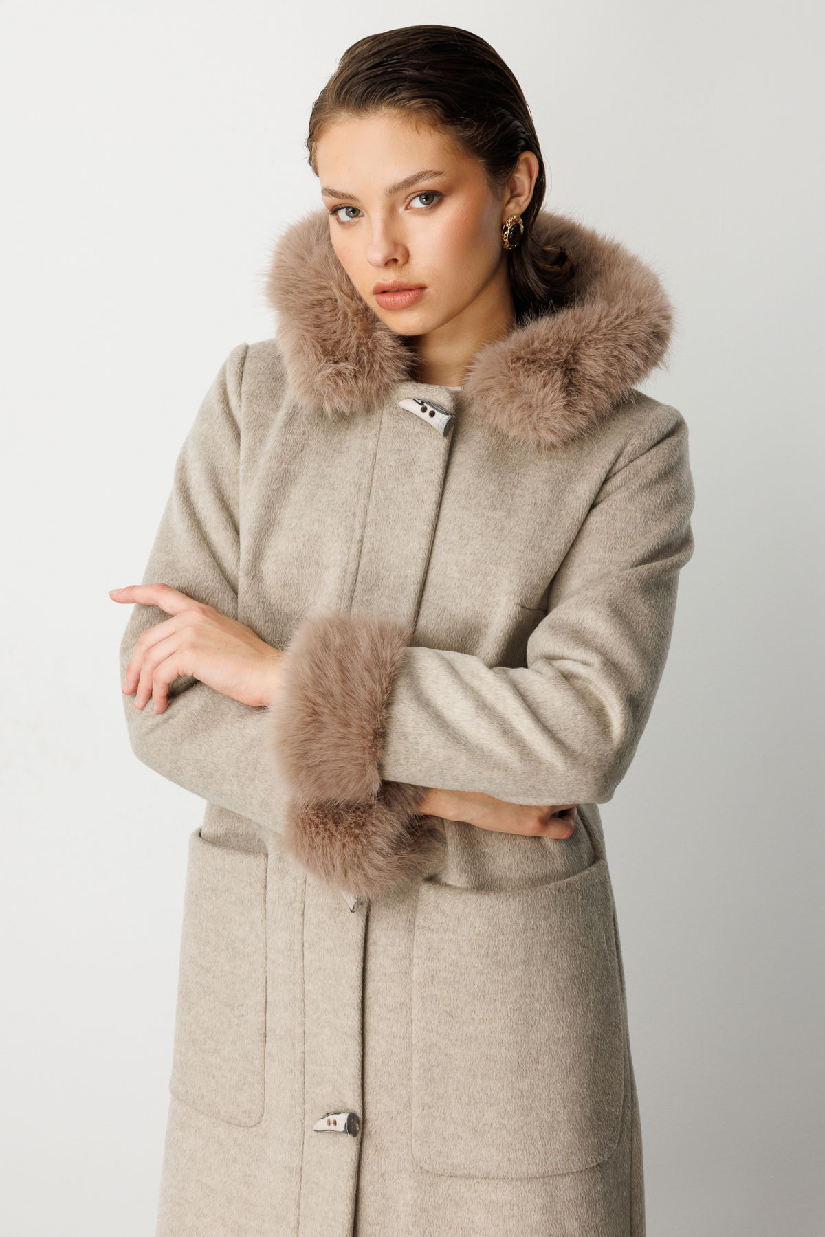 Ekol Kadın Yakası Ve Kolları Kürklü Kaşe Kaban 6055 Vizon - 3