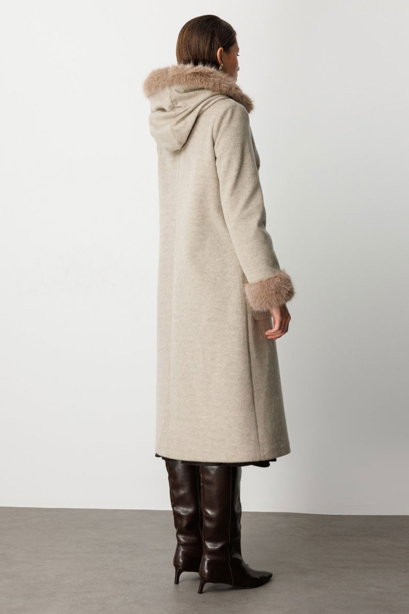 Ekol Kadın Yakası Ve Kolları Kürklü Kaşe Kaban 6055 Vizon - 4