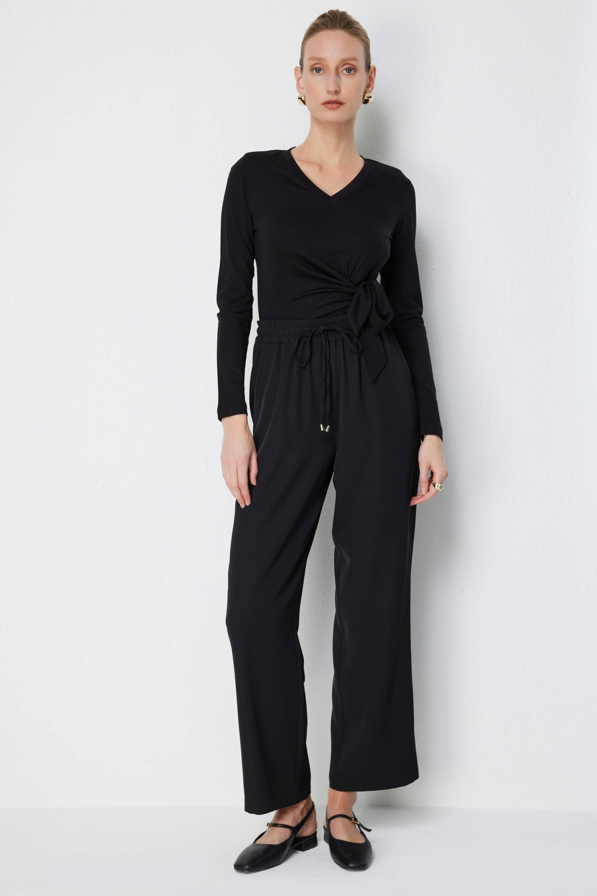 Ekol Kadın Yan Cepli Bol Paça Pantolon 4124 Siyah - 1