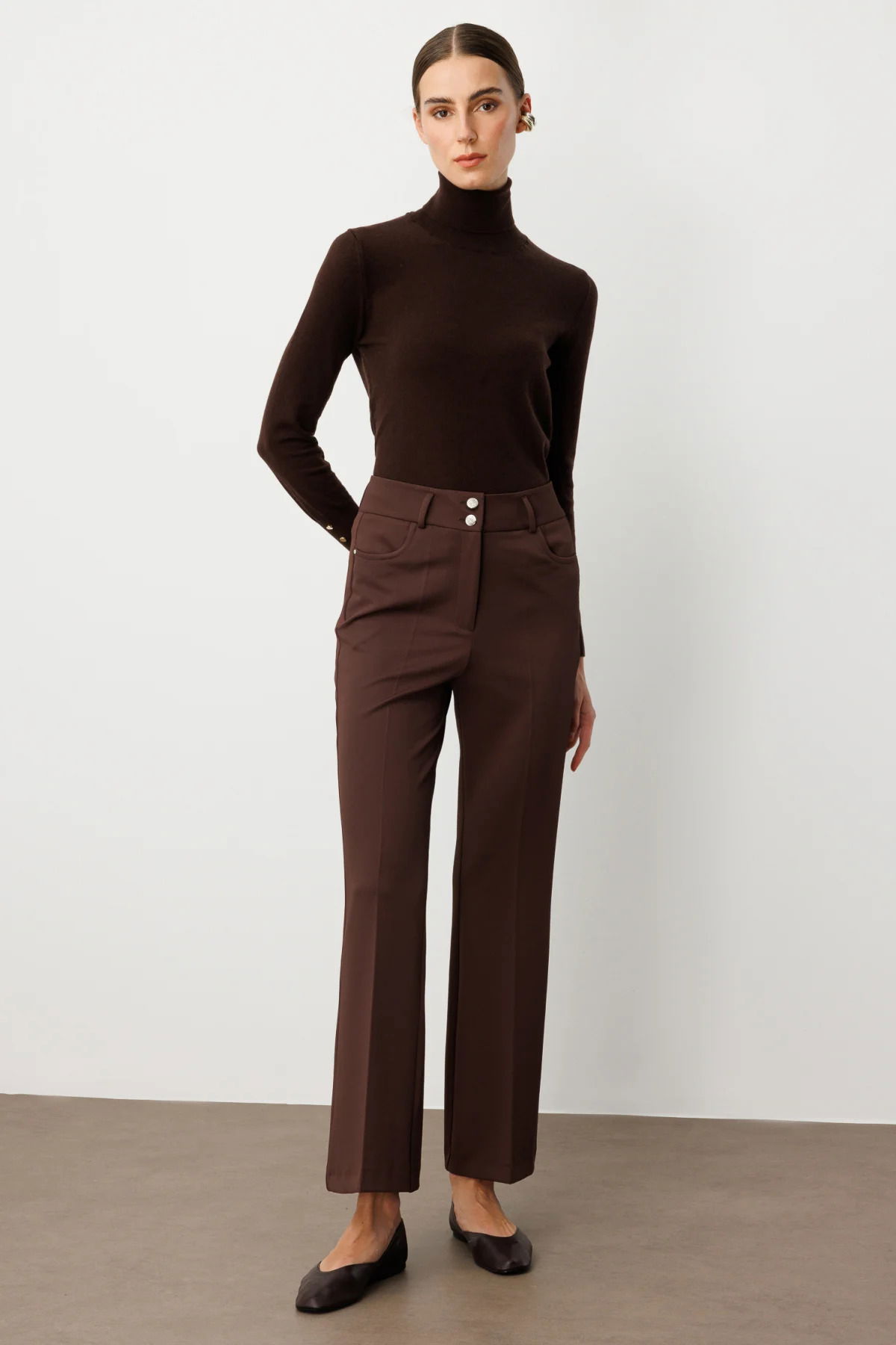 Ekol Kadın Yüksek Bel İspanyol Paça Pantolon 1023 Kahverengi - 1