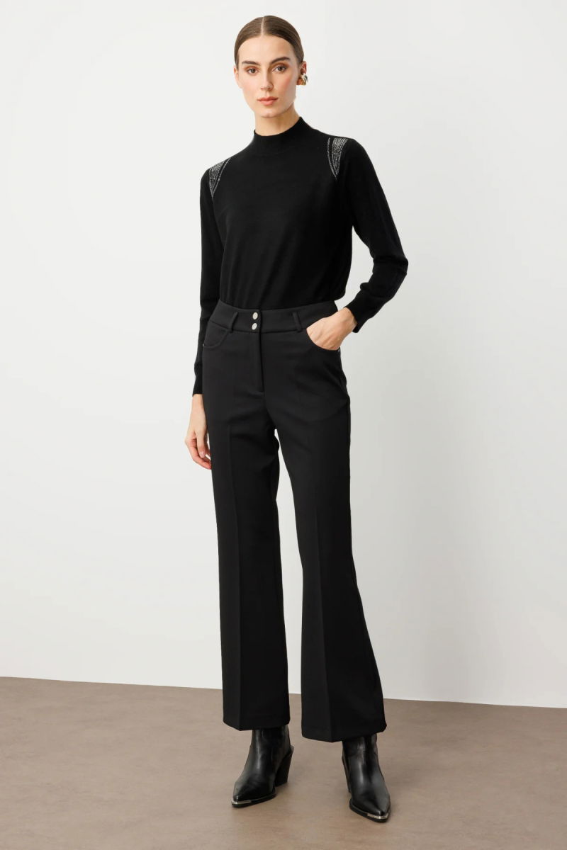 Ekol Kadın Yüksek Bel İspanyol Paça Pantolon 1023 Siyah - 2
