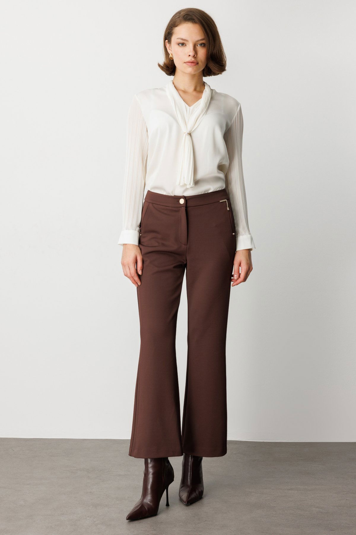 Ekol Kadın Zincir Aksesuarlı Bol Paça Pantolon 1021 Kahverengi - 1