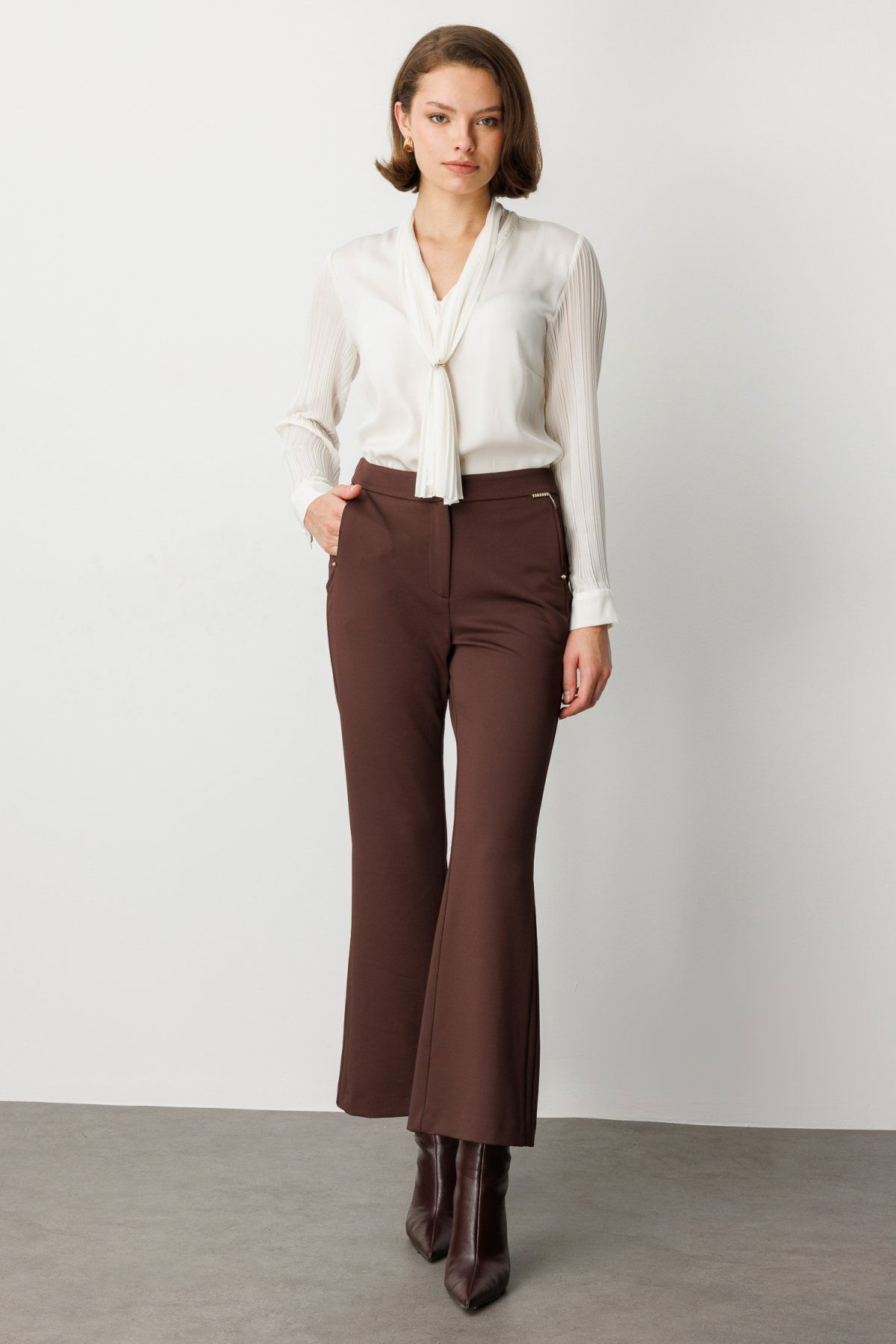 Ekol Kadın Zincir Aksesuarlı Bol Paça Pantolon 1021 Kahverengi - 2