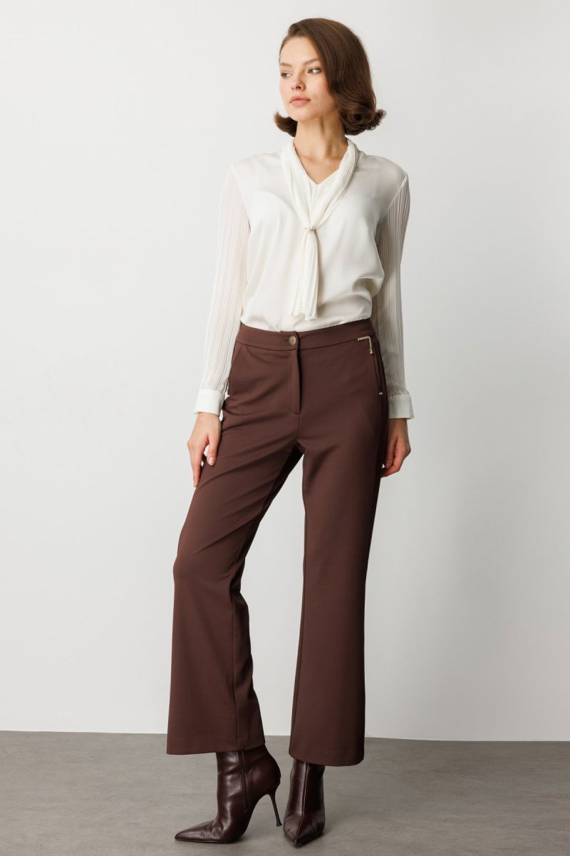 Ekol Kadın Zincir Aksesuarlı Bol Paça Pantolon 1021 Kahverengi - 3