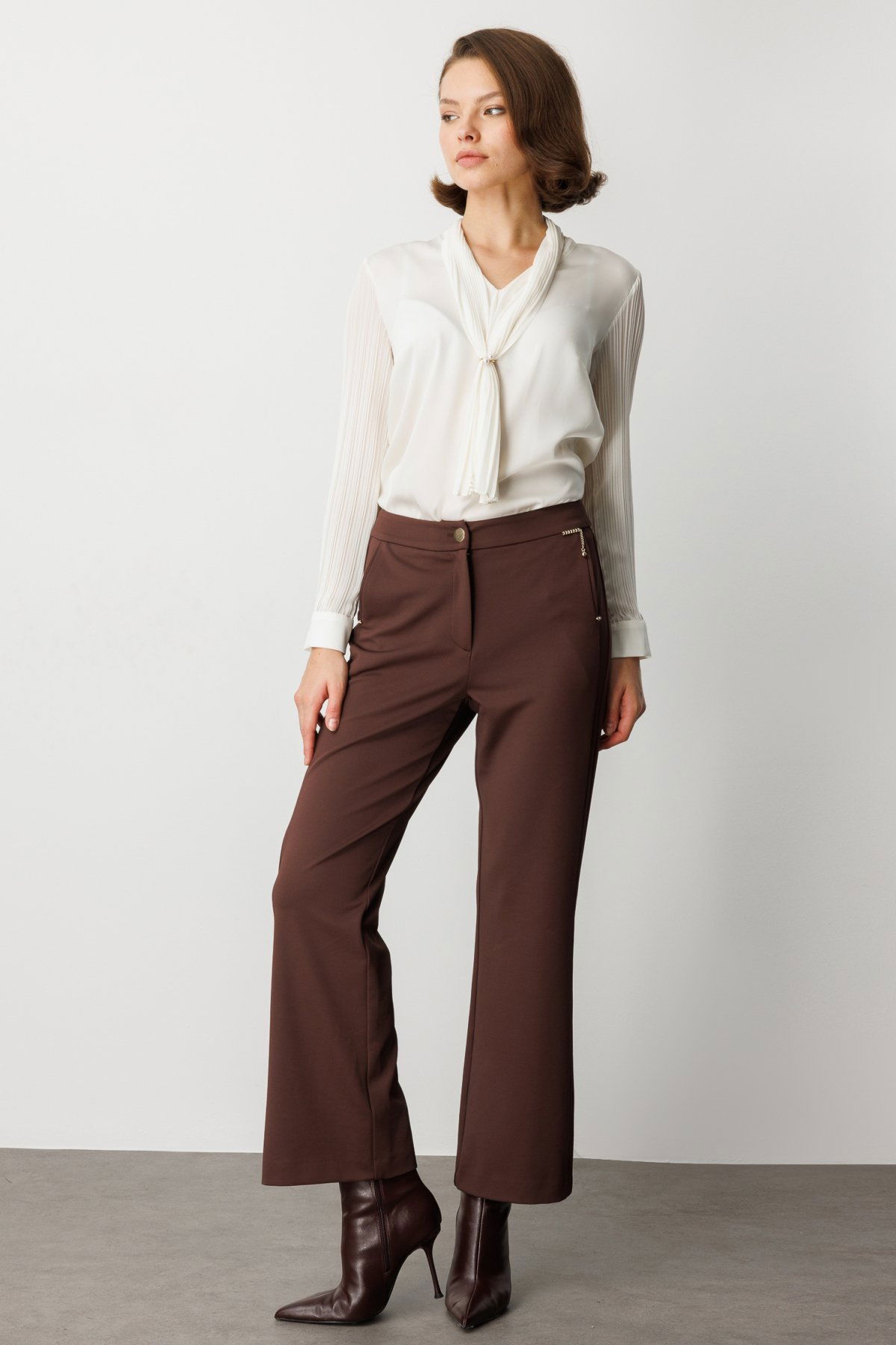 Ekol Kadın Zincir Aksesuarlı Bol Paça Pantolon 1021 Kahverengi - 3