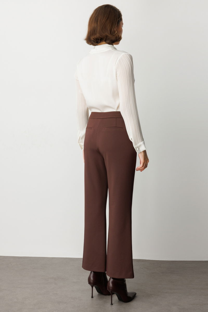 Ekol Kadın Zincir Aksesuarlı Bol Paça Pantolon 1021 Kahverengi - 4