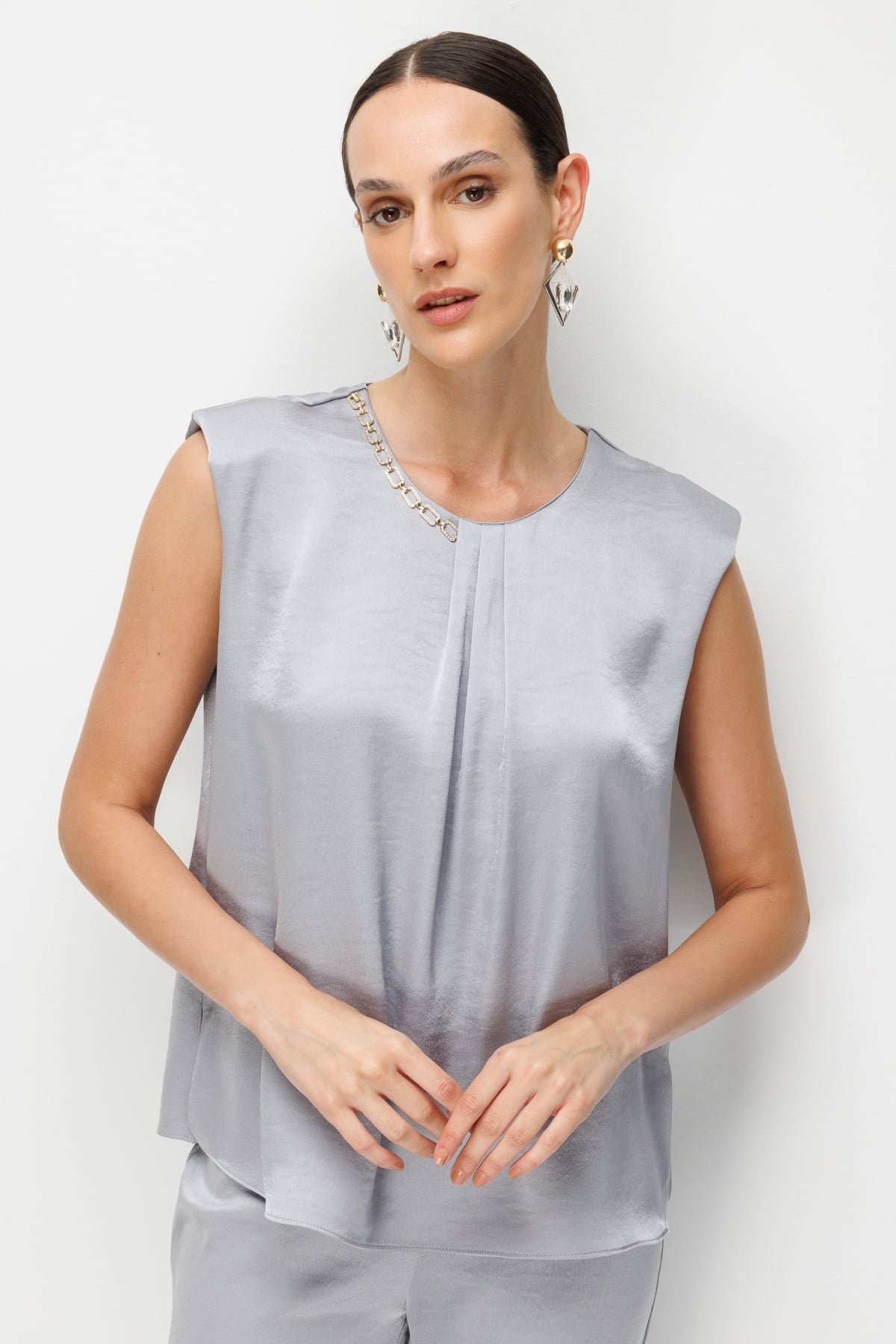 Ekol Kadın Zincir Aksesuarlı Drape Detaylı Bluz 2432 Gümüş - 1