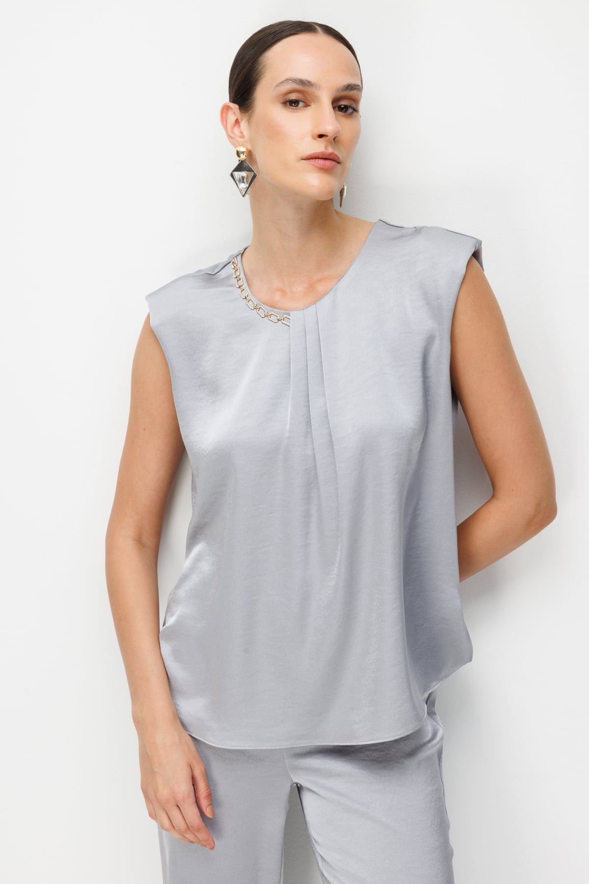 Ekol Kadın Zincir Aksesuarlı Drape Detaylı Bluz 2432 Gümüş - 2