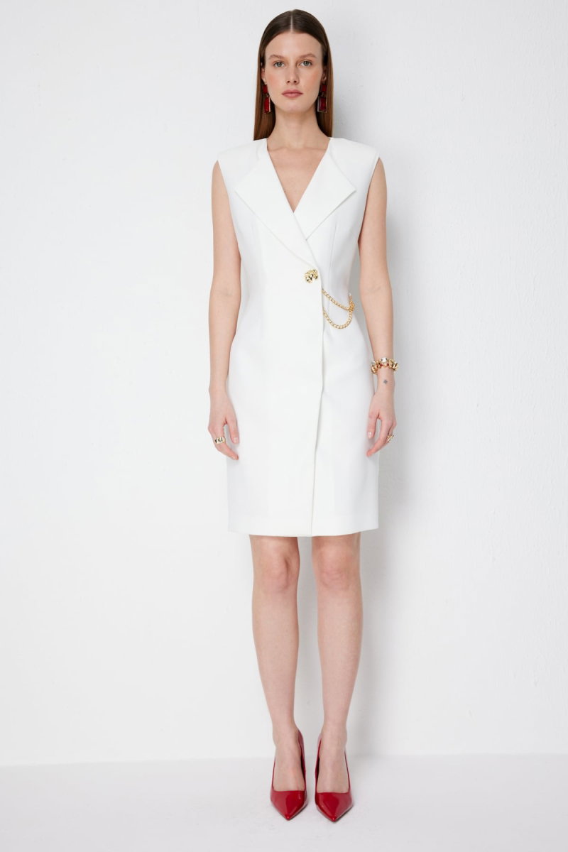 Ekol Kadın Zincir Detaylı Kruvaze Midi Elbise 6044 Ekru - Ekol