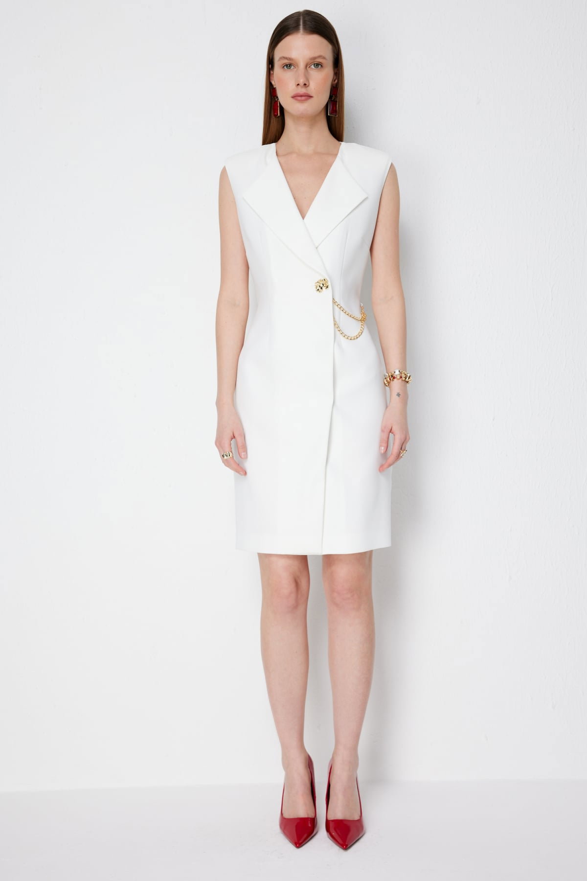 Ekol Kadın Zincir Detaylı Kruvaze Midi Elbise 6044 Ekru - 1