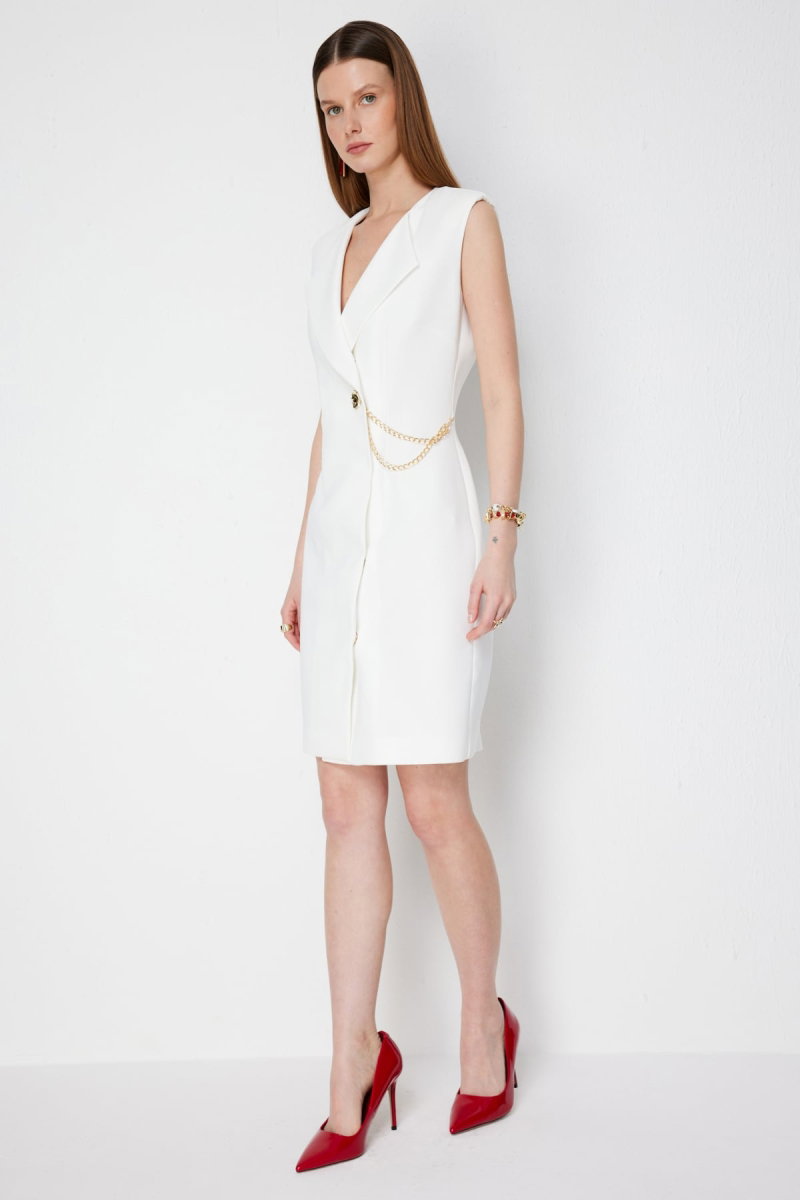 Ekol Kadın Zincir Detaylı Kruvaze Midi Elbise 6044 Ekru - 2