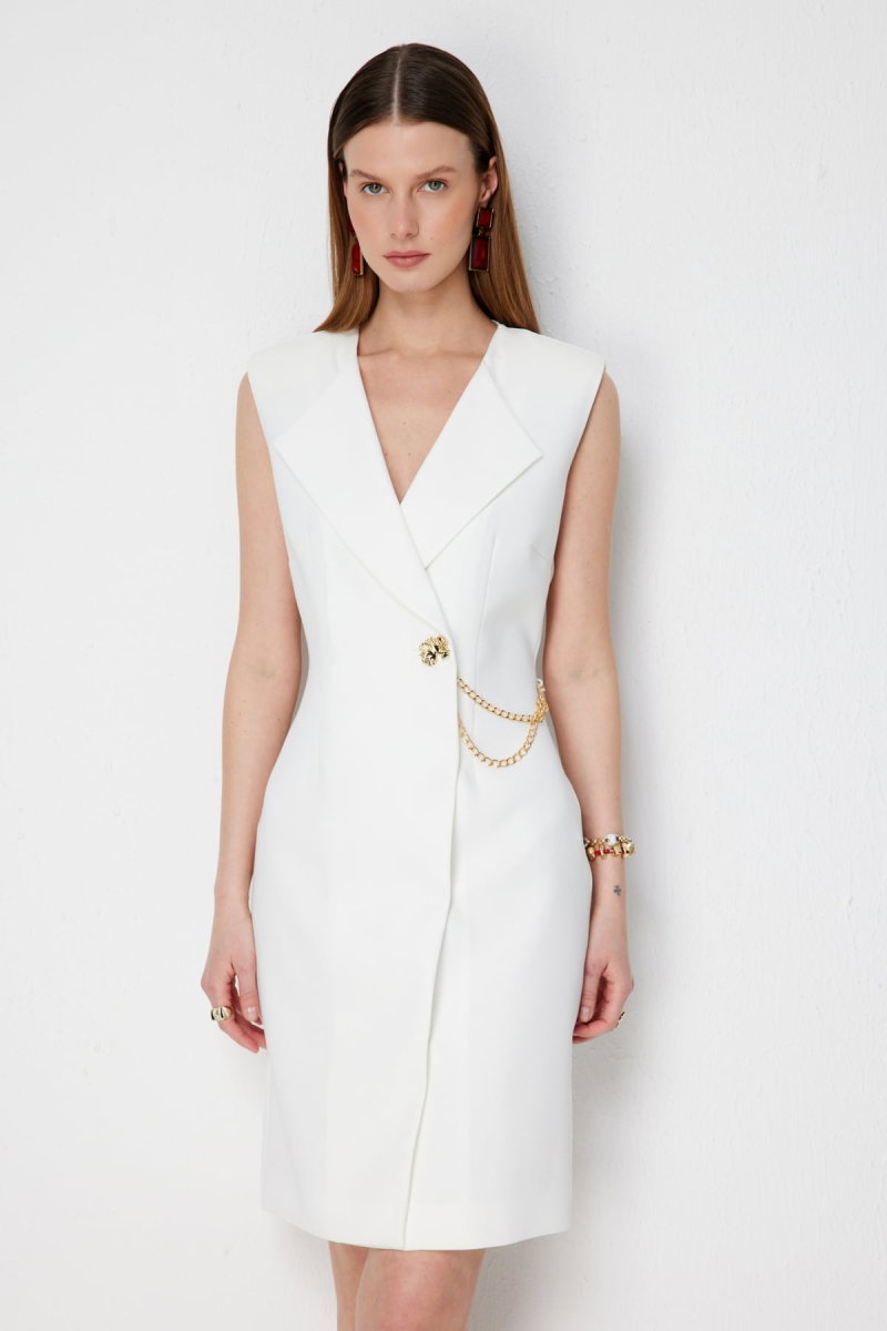 Ekol Kadın Zincir Detaylı Kruvaze Midi Elbise 6044 Ekru - 3