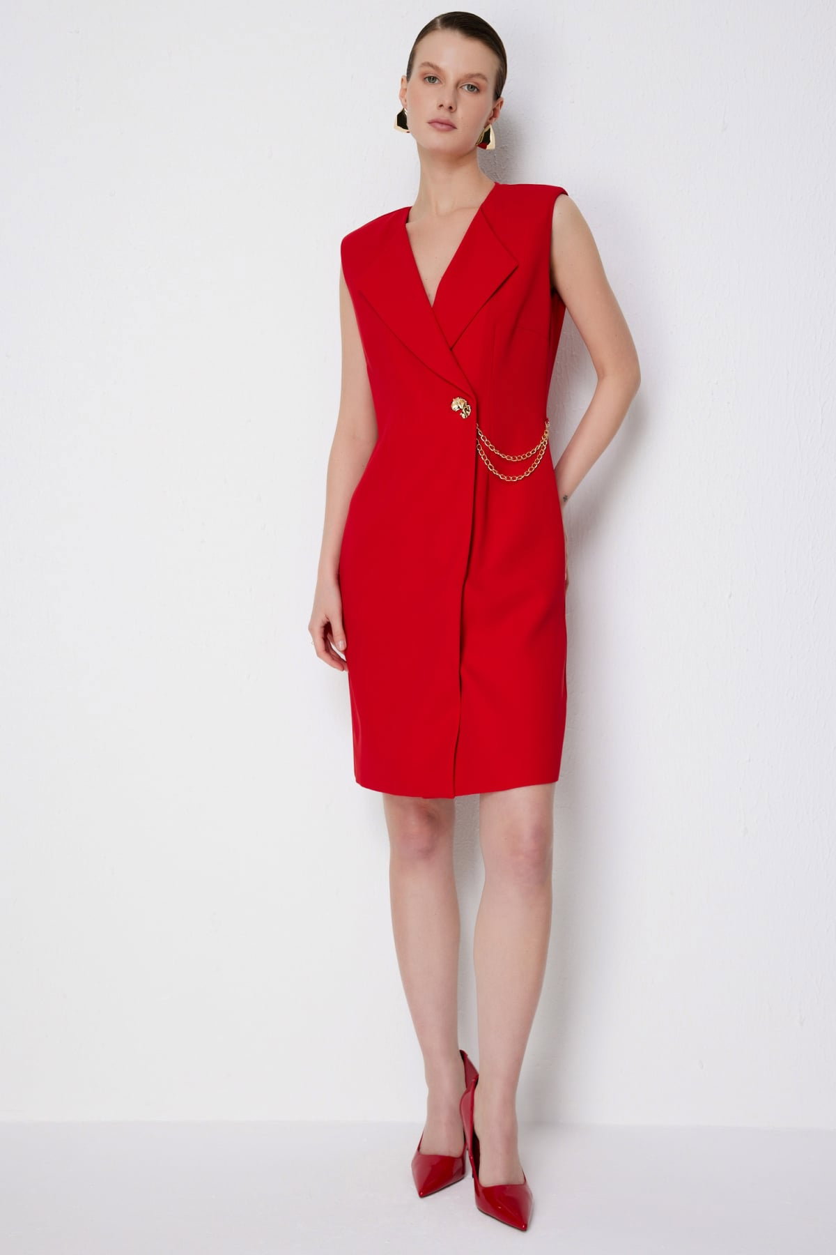 Ekol Kadın Zincir Detaylı Kruvaze Midi Elbise 6044 Kırmızı - 1
