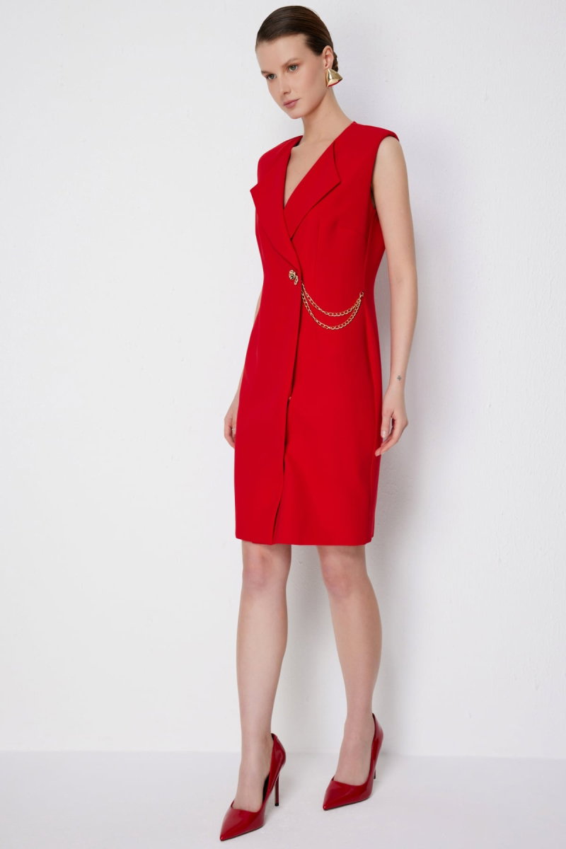 Ekol Kadın Zincir Detaylı Kruvaze Midi Elbise 6044 Kırmızı - 2