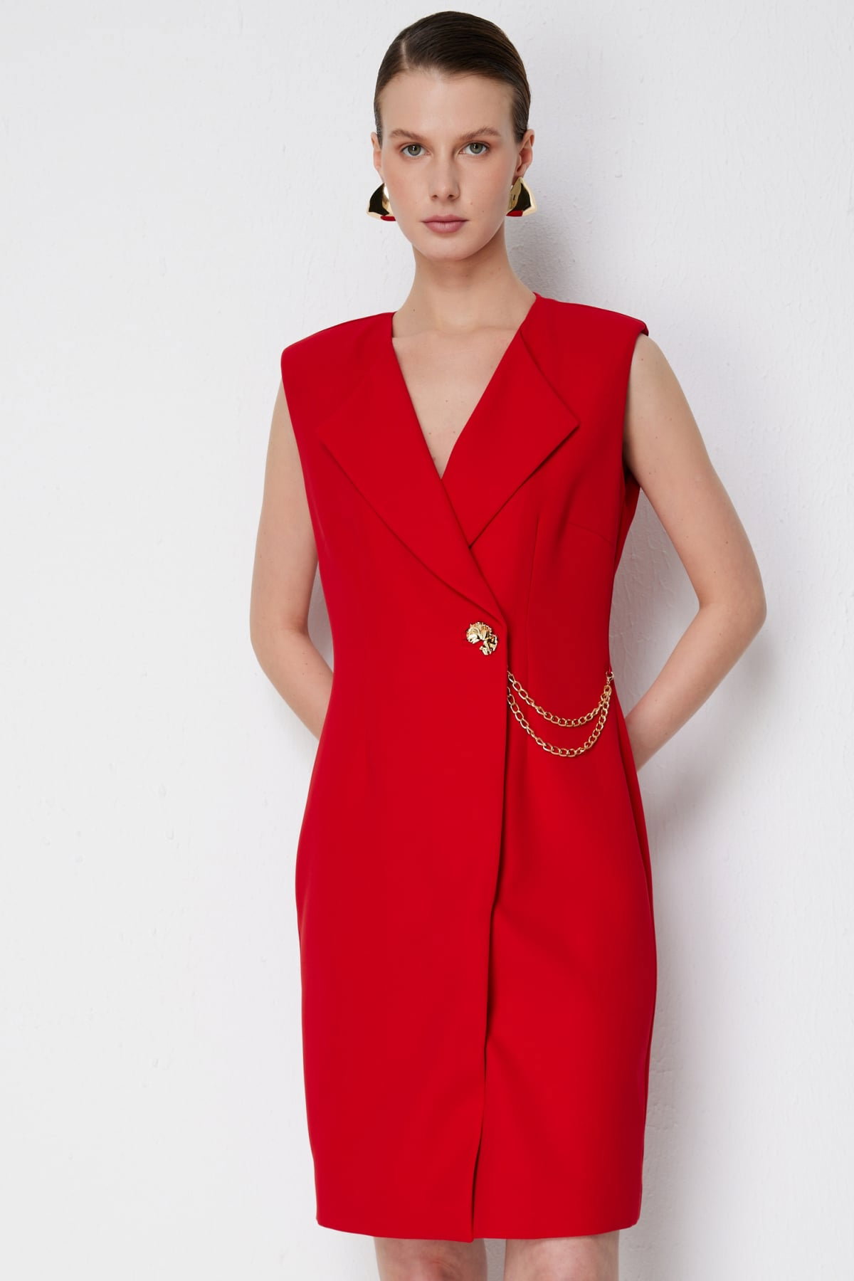 Ekol Kadın Zincir Detaylı Kruvaze Midi Elbise 6044 Kırmızı - 3