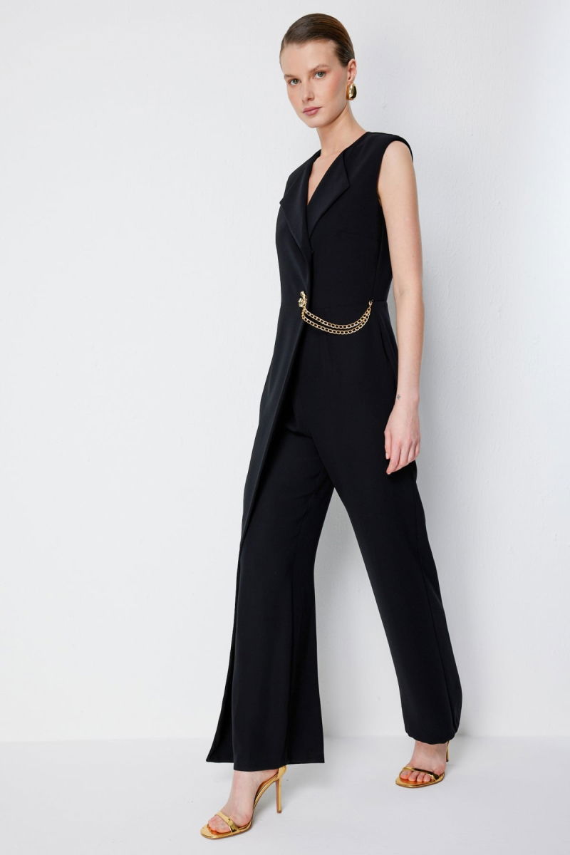 Ekol Kadın Zincir Detaylı Kruvaze Tulum 6442 Siyah - 2