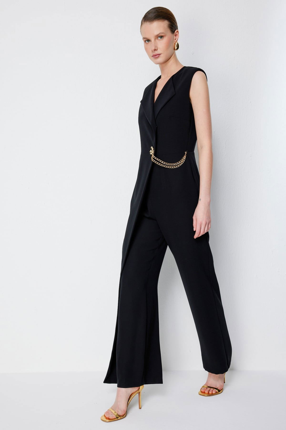 Ekol Kadın Zincir Detaylı Kruvaze Tulum 6442 Siyah - 2