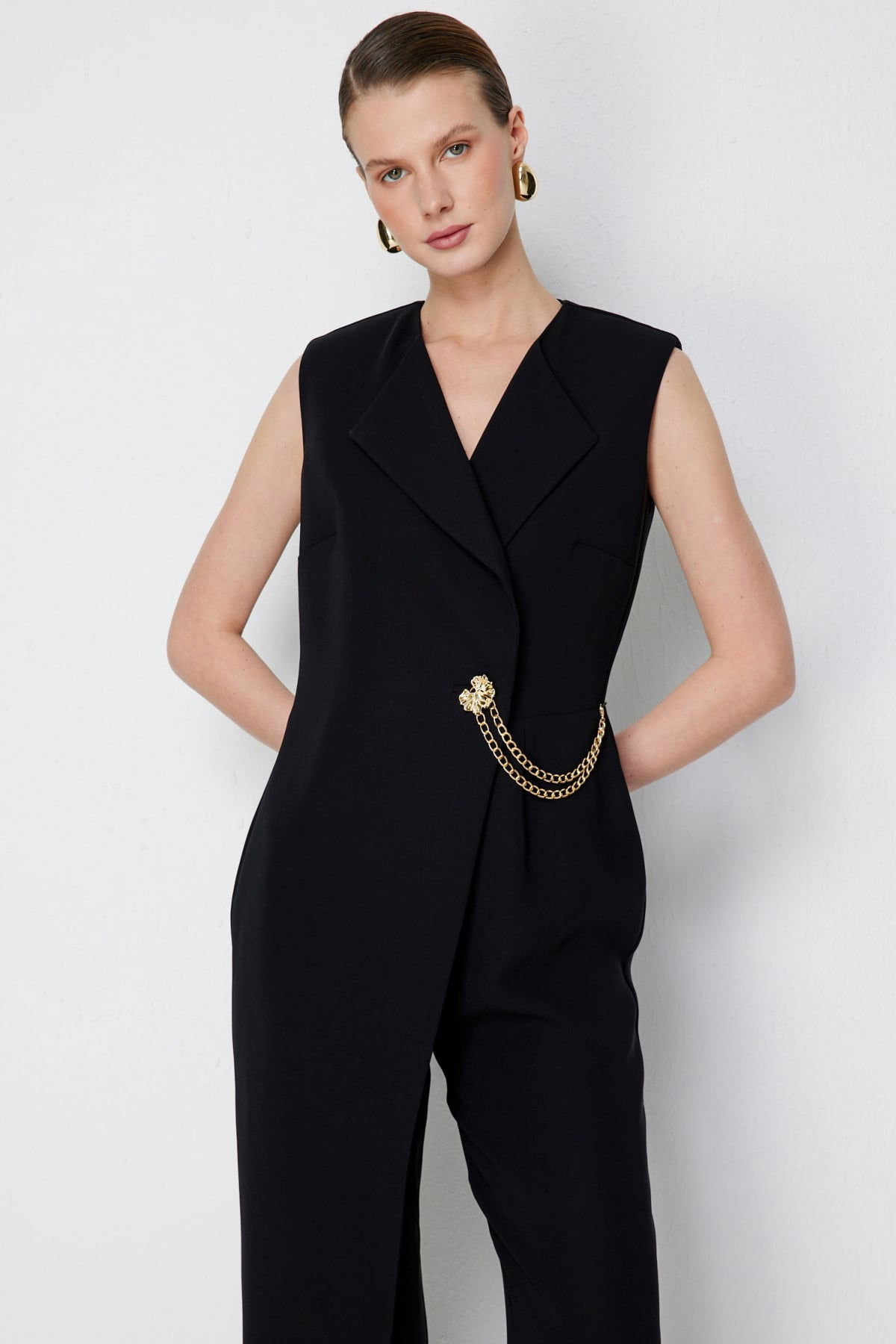 Ekol Kadın Zincir Detaylı Kruvaze Tulum 6442 Siyah - 3