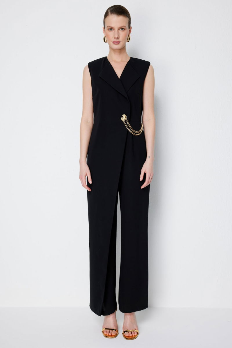 Ekol Kadın Zincir Detaylı Kruvaze Tulum 6442 Siyah - 4