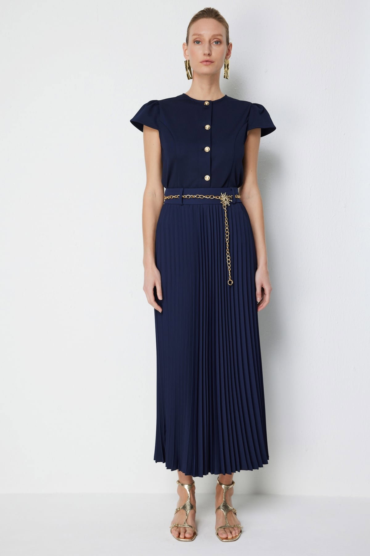 Ekol Kadın Zincir Kemerli Piliseli Maxi Etek 3046 Lacivert - 1