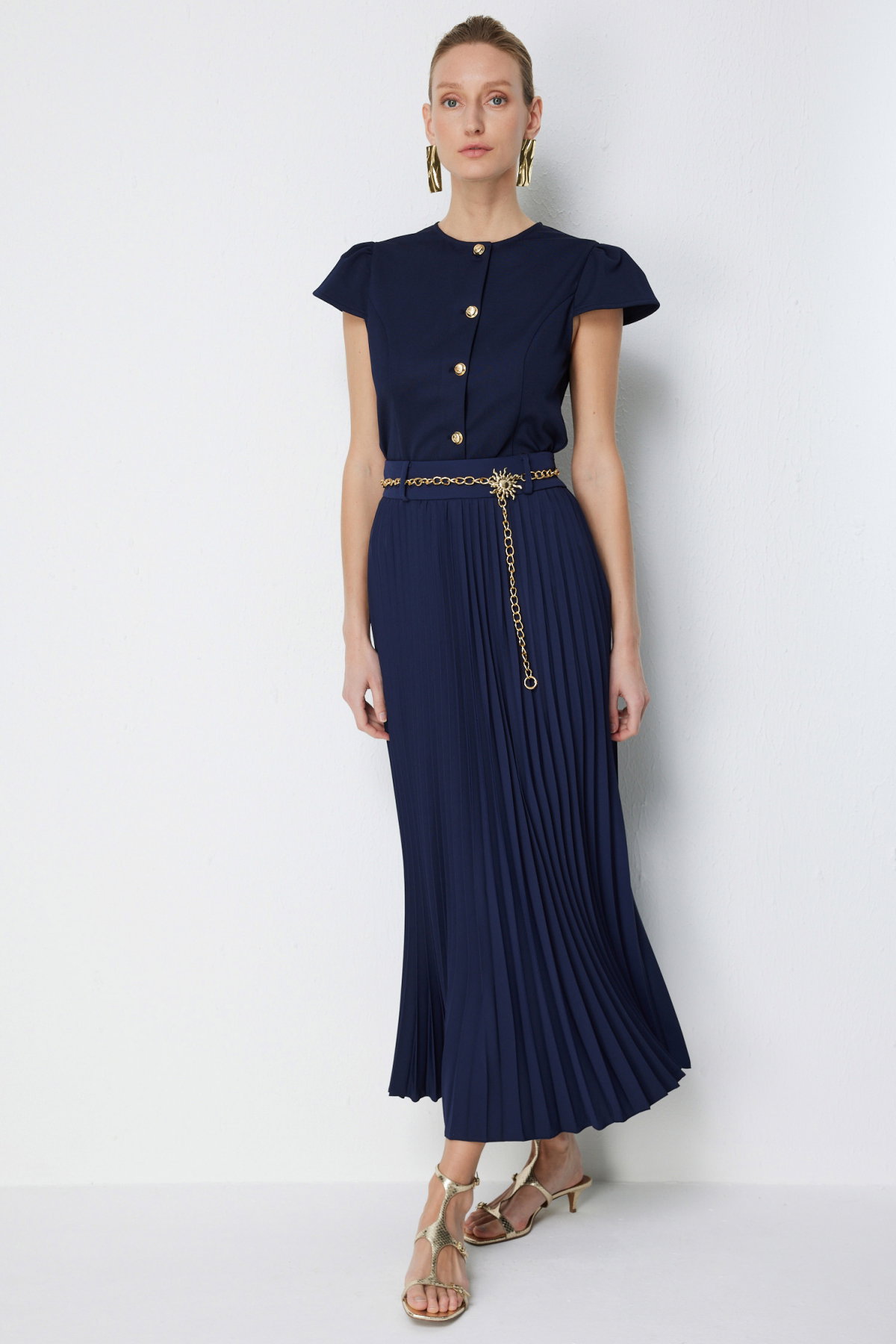 Ekol Kadın Zincir Kemerli Piliseli Maxi Etek 3046 Lacivert - 2