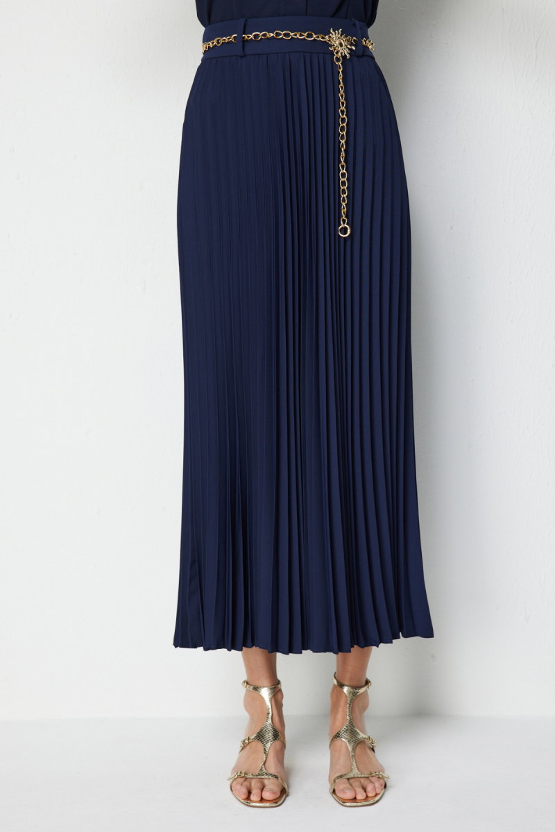 Ekol Kadın Zincir Kemerli Piliseli Maxi Etek 3046 Lacivert - 3