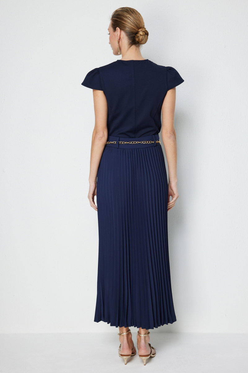 Ekol Kadın Zincir Kemerli Piliseli Maxi Etek 3046 Lacivert - 4