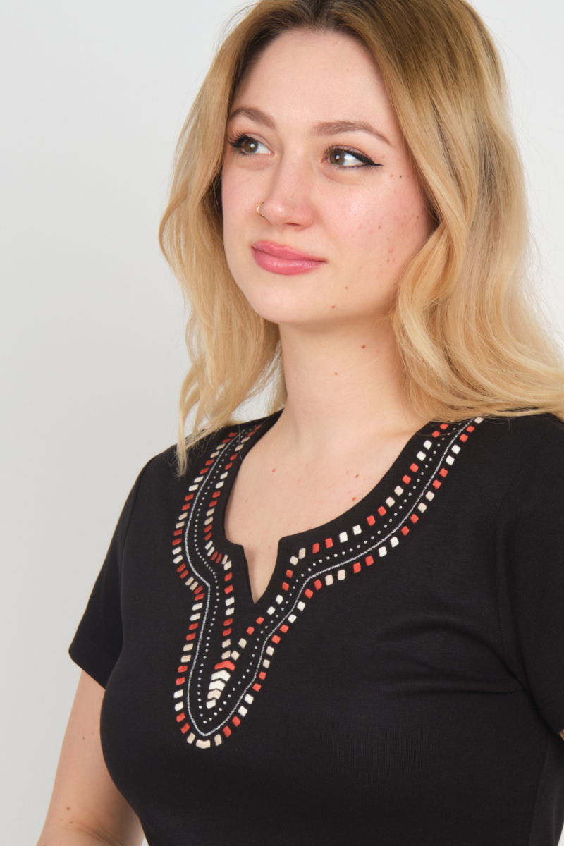 Ella Camelia Kadın Açma Yaka Taşlı ve Desenli Pamuklu Bluz 23E010 Siyah - 3