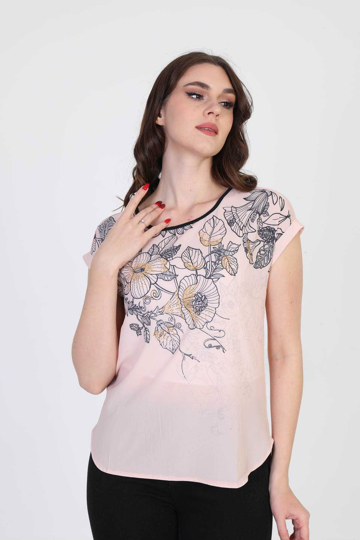 Ella Camelia Kadın Çiçek Desenli Bluz 5010065 Pudra - 1