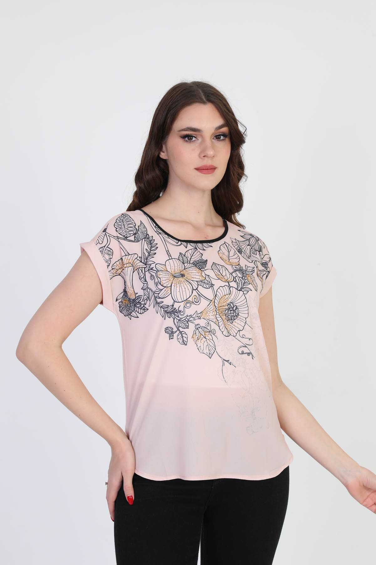 Ella Camelia Kadın Çiçek Desenli Bluz 5010065 Pudra - 2