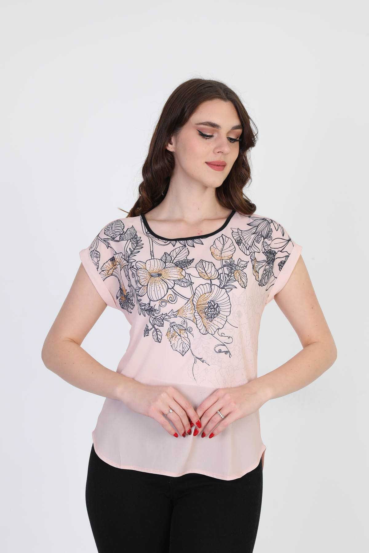 Ella Camelia Kadın Çiçek Desenli Bluz 5010065 Pudra - 3