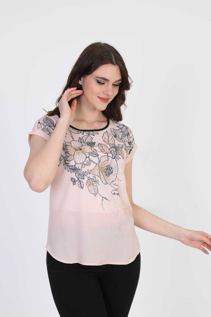 Ella Camelia Kadın Çiçek Desenli Bluz 5010065 Pudra - 4